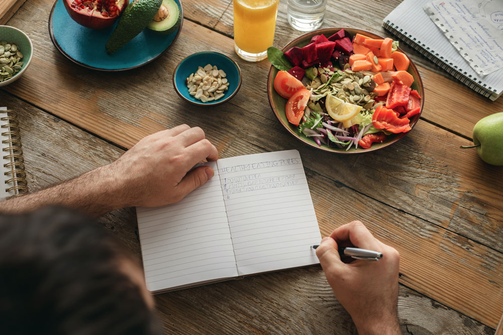 Meal planning on wooden table.